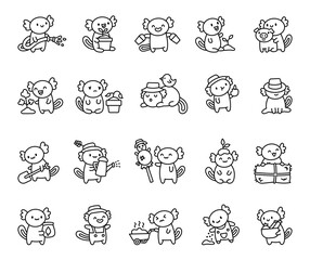 Cute kawaii axolotl farm set with adorable cartoon characters taking care of animal, plants, carrying baskets, planting seeds, harvesting crops, and wearing straw hats in charming farming