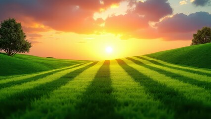 Lawn stripes pattern, A vibrant green lawn showing striking stripes at sunset perspective view saturated colors minimalism.
