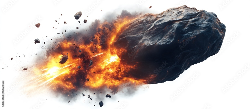 Aufkleber Explosive scene of a meteor fragment bursting through space generating fiery debris and light : Generative AI