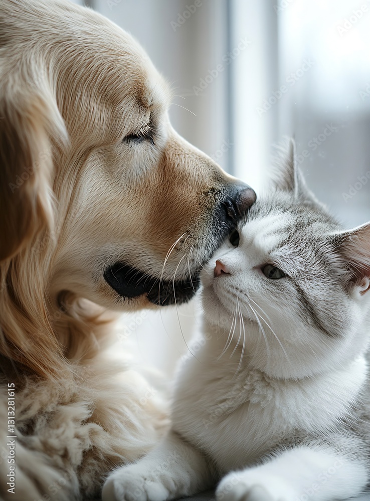 Poster golden retriever gently nuzzling a playful kitten in a warm indoor setting : generative ai