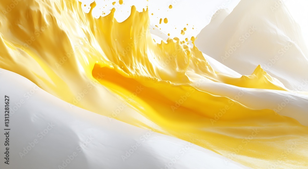 Poster dynamic splash of yellow liquid creating waves against a bright white background : generative ai