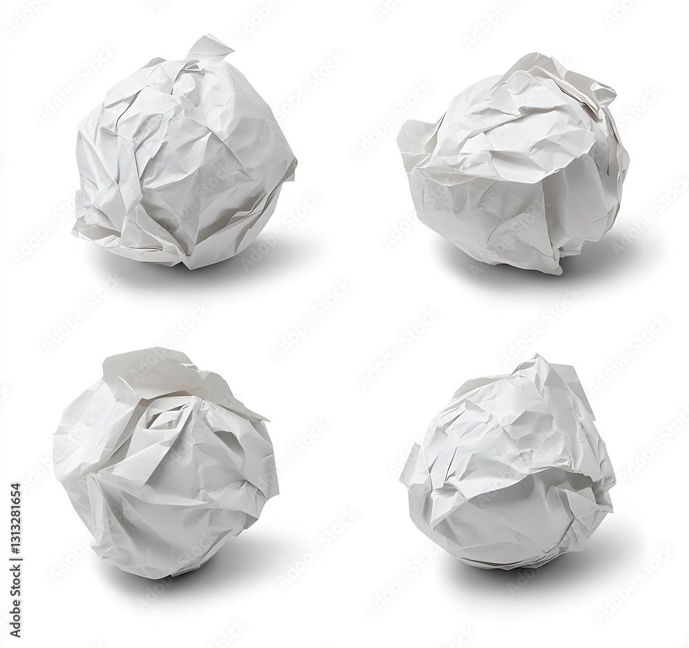 Poster crumpled white paper balls artfully arranged on a clean white floor : generative ai