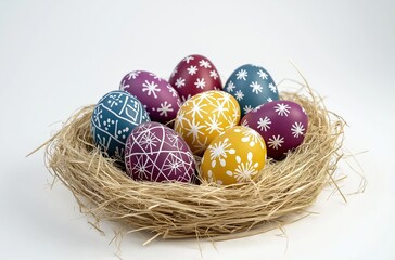 Fototapeta premium A basket filled with pastel-colored Easter eggs and willow branches on a white background, showcasing the colors of spring and the joy of Easter, perfect for seasonal celebration and decor.