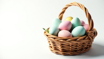 Pastel eggs overflowing a wicker basket on white , adorable, spring, handmade eggs