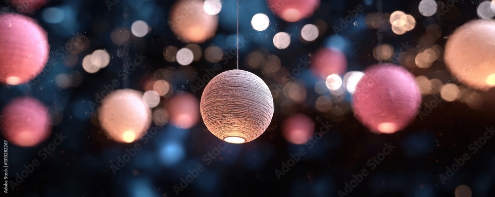 Poster colorful hanging lanterns illuminated against a dark background, creating a warm and festive ambianc