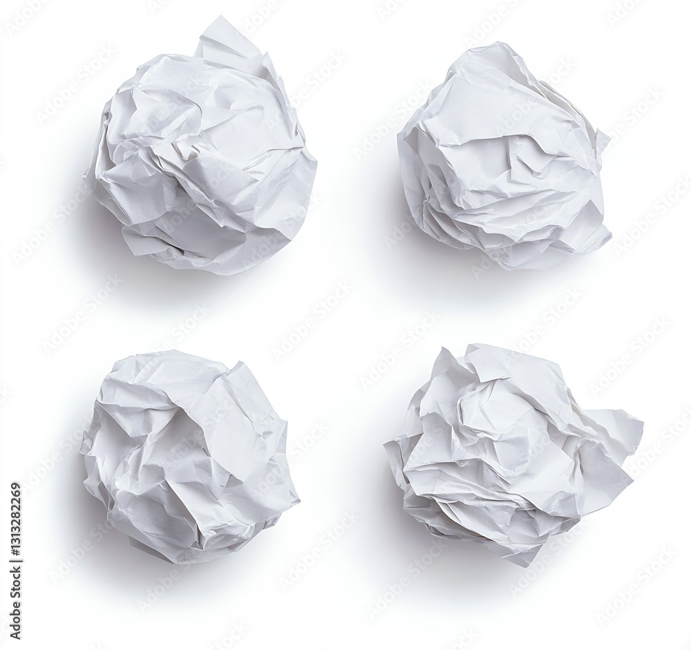 Poster Crumpled and textured white paper balls grouped together on a clear surface : Generative AI