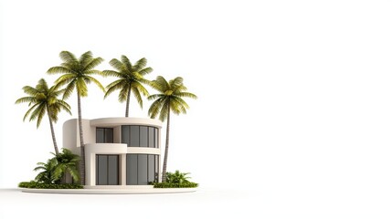 Fototapeta premium Architectural 3D renderings architecture realism concept. A modern house surrounded by lush palm trees, showcasing contemporary architecture and a tropical vibe.