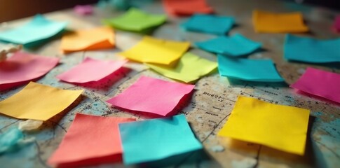 Obraz premium Vibrant sticky notes, crumpled paper art on desks, paper sculpture, sticky notes