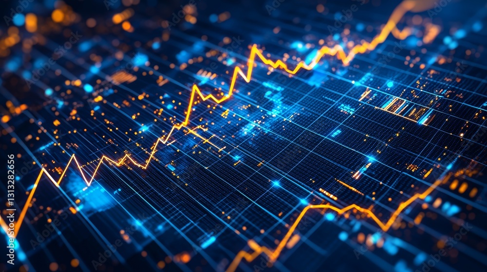 Poster a vibrant digital graph displaying upward trends in data, featuring blue and orange lines against a 