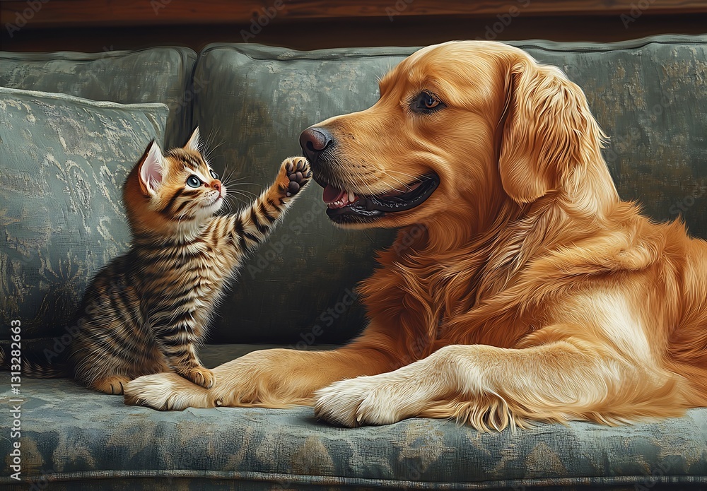 Poster adorable cat interacts playfully with a friendly golden retriever on a cozy couch : generative ai