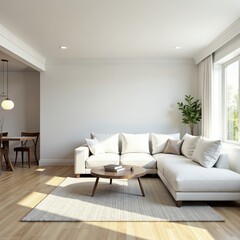 Fototapeta premium Bright combined living & dining space, oversized white sofa , interior, decor