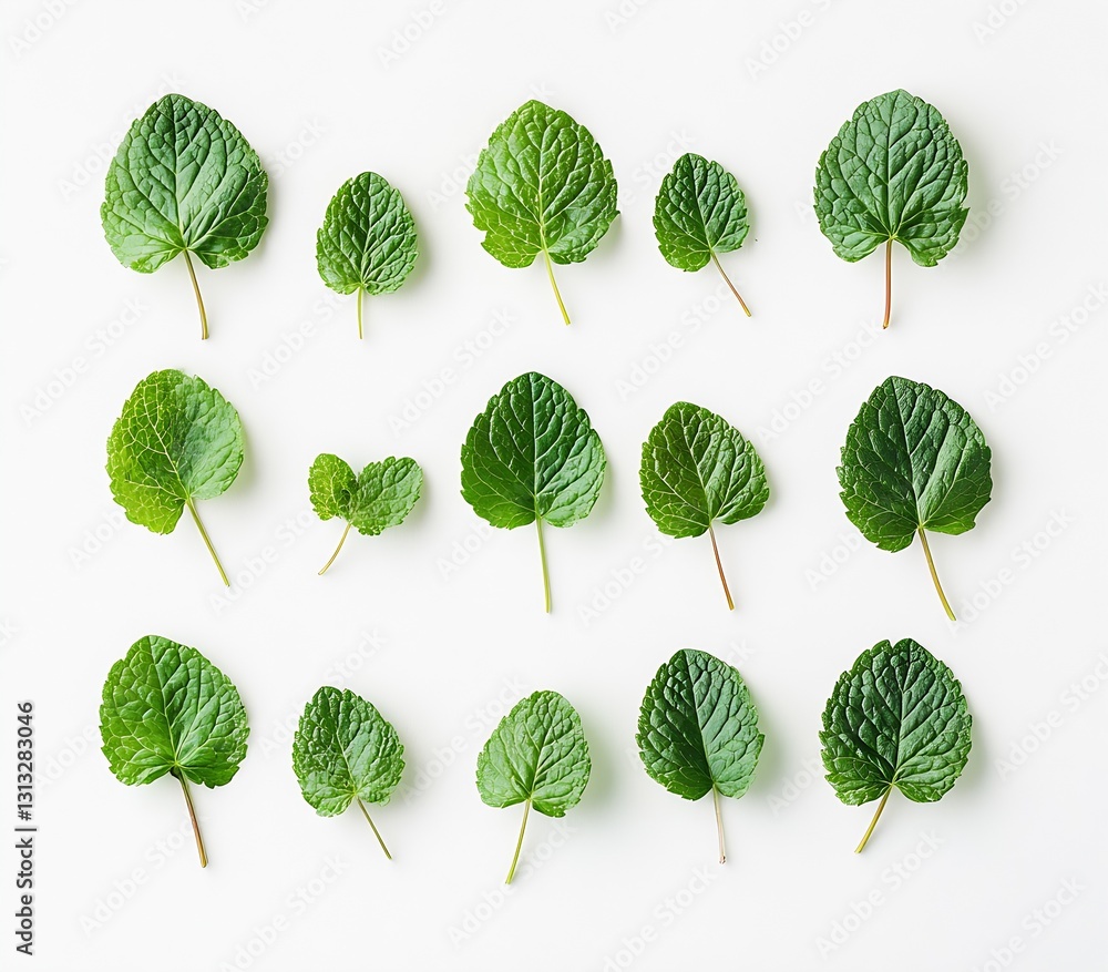 Poster diverse collection of fresh mint leaves with varying sizes on a white background for visual impact :