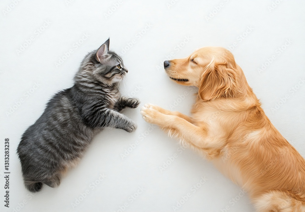 Aufkleber charming scene of a fluffy tabby kitten cuddling beside a golden retriever dog in a peaceful serene 