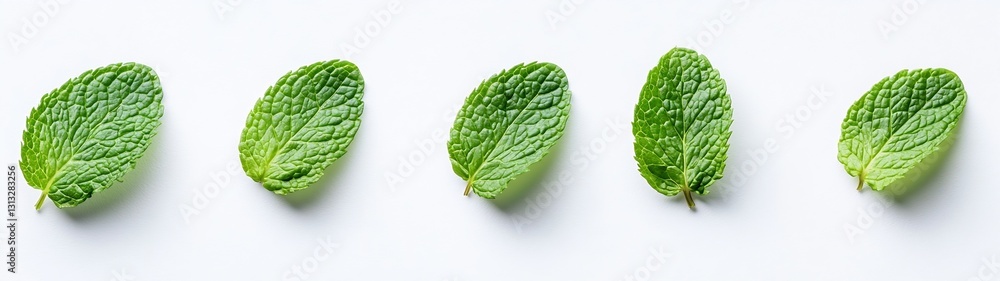 Poster five vibrant green mint leaves lined up displaying texture and freshness for culinary applications :