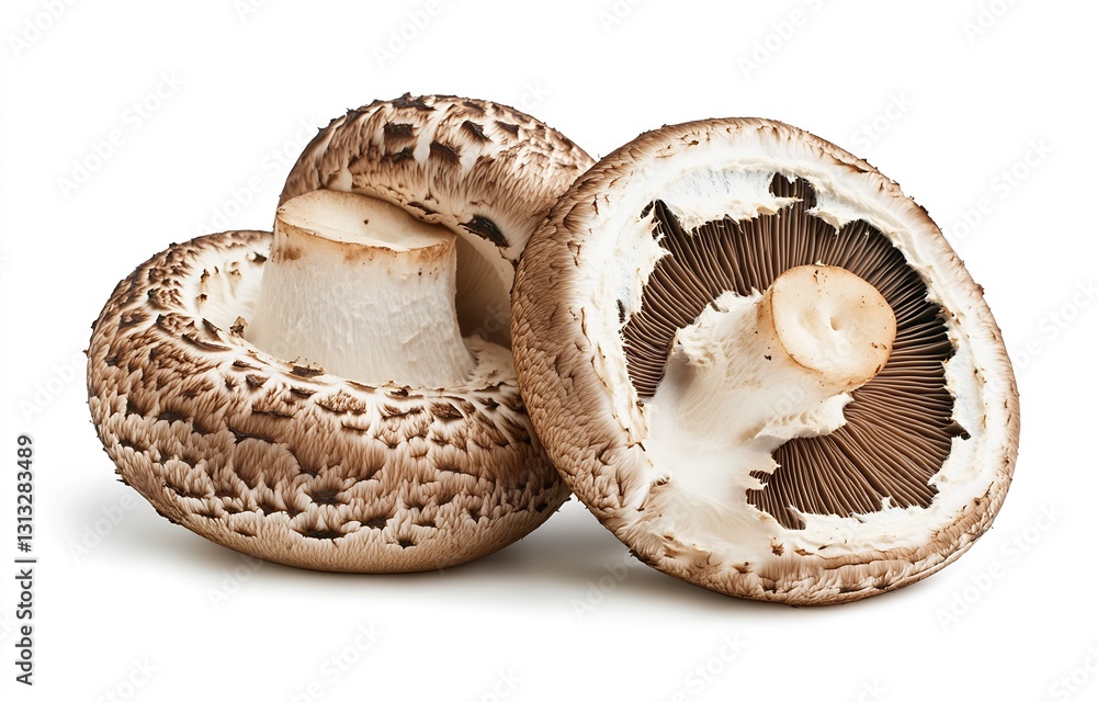 Poster freshly cut portobello mushrooms displaying rich texture and color on a white surface for culinary u