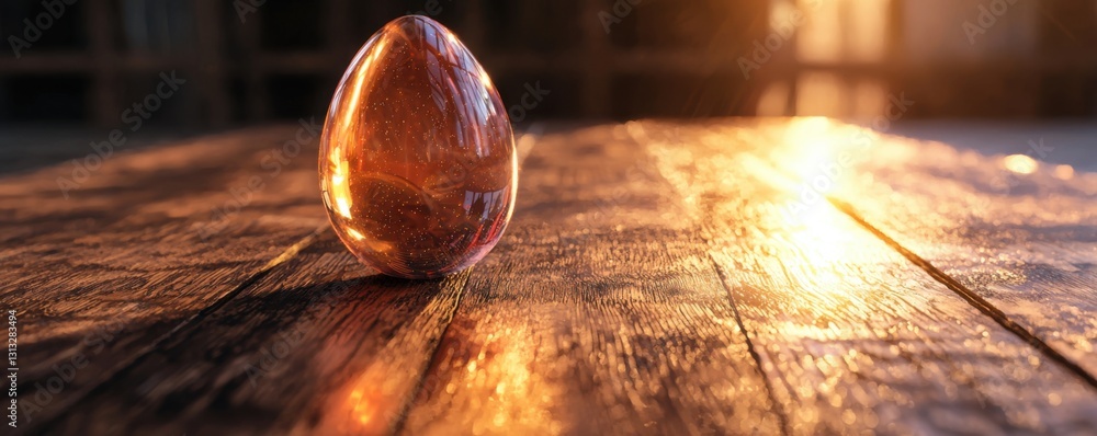 Poster a glowing egg-shaped object rests on a wooden surface, illuminated by warm light, creating a tranqui