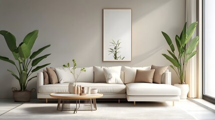 A modern living room interior featuring plants and a white sofa
