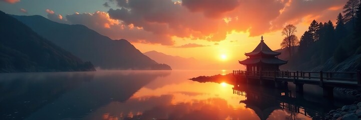 Obraz premium Mystical dawn paints lake gold, ancient pier silhouetted , stunning, mystical, color