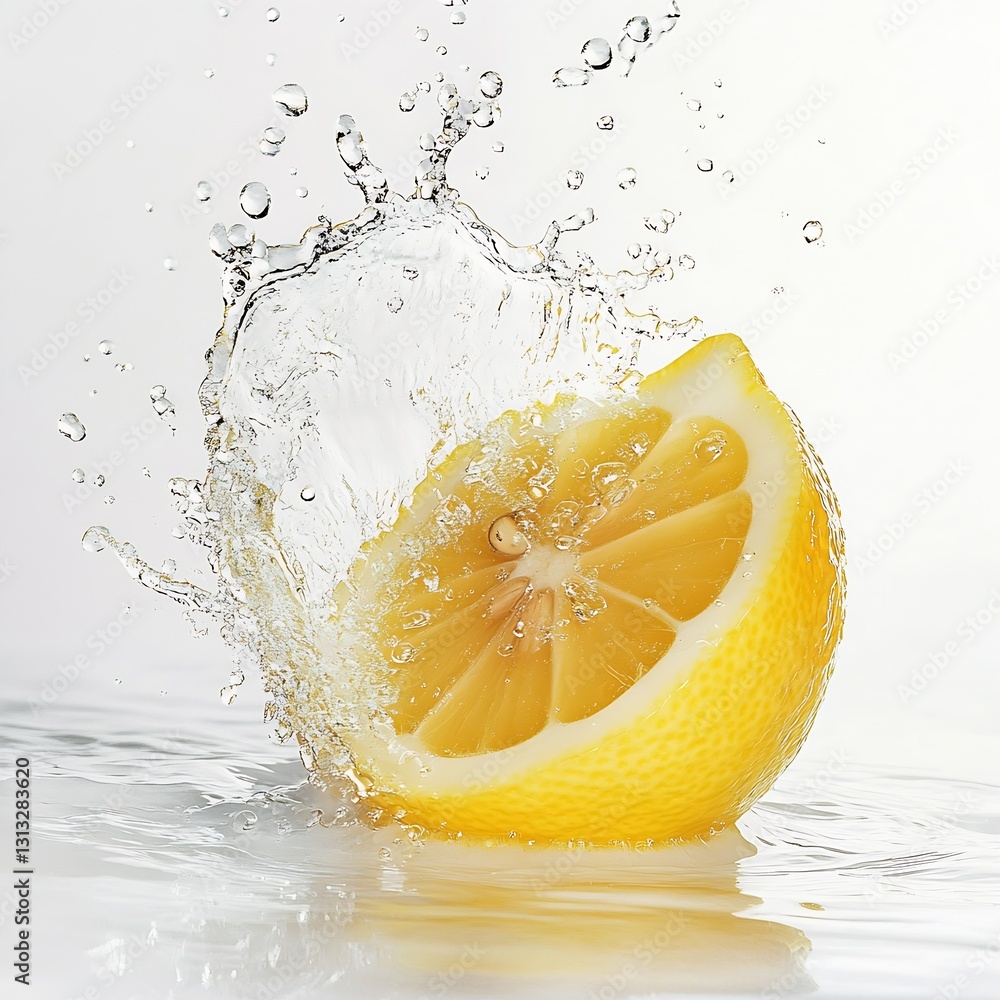 Poster single lemon slice making a splash in clear water against a bright background : generative ai