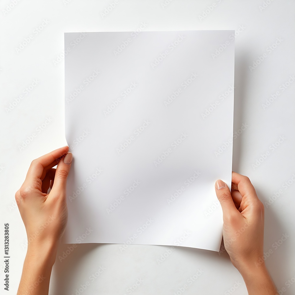 Poster two hands holding a blank sheet of paper against a pristine background for creative ideas : generati