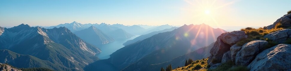 Breathtaking mountaintop vista, clear sky, sunlit scene,  crisp,  sky,  beauty
