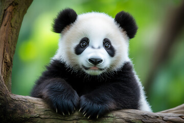 Obraz premium a cute panda is sitting on the branch of an old tree,