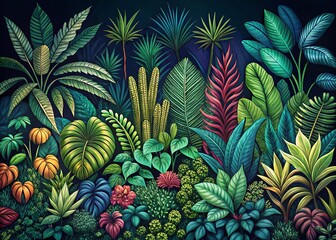 Obraz premium Lush Hand-Drawn Garden Illustration, Detailed Botanical Art, Low Light, Night Garden
