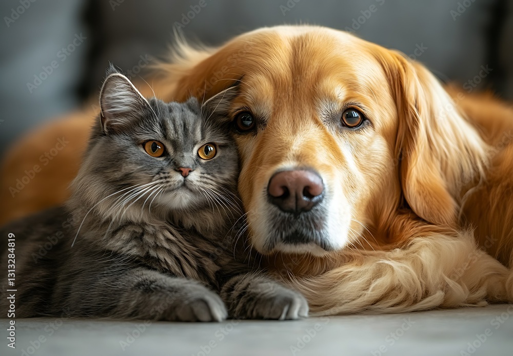 Poster gray cat and golden retriever snuggling together on comfortable couch : generative ai