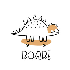 Cute print  with dinos and skateboard. Kids design with cartoon dinosaurs in doodle style. Vector illustration for printing