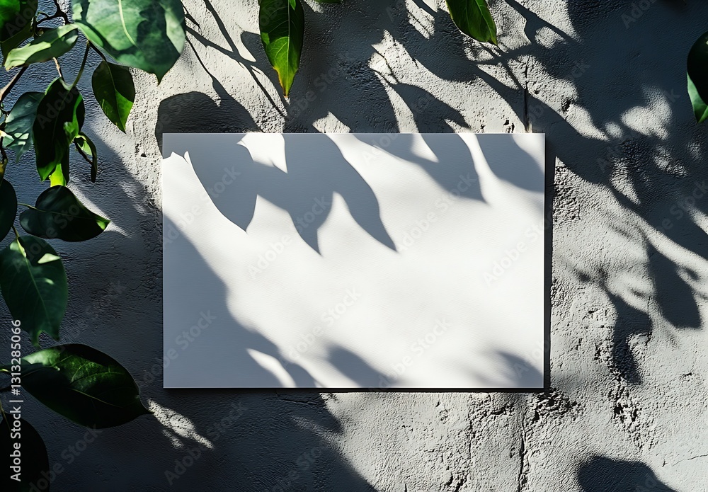 Poster Elegant display of shadows and leaves highlighting a blank canvas on a textured wall : Generative AI