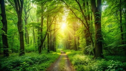 Naklejka premium Lush Spring Forest Path: Urban Exploration Photography