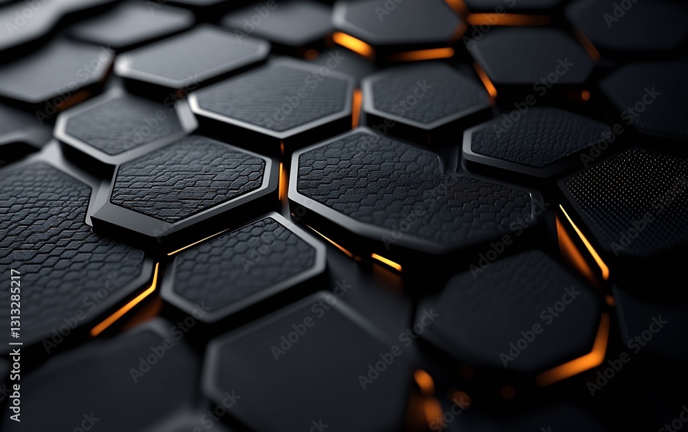 Poster stylish black hexagonal tile pattern enhanced with glowing orange light creating a contemporary aest