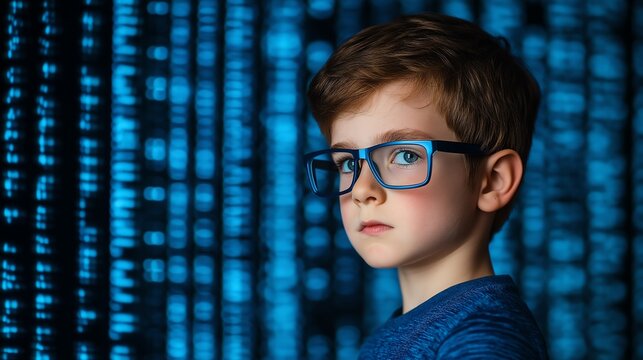 A thoughtful young boy with glasses stands against a backdrop of digital code, symbolizing curiosity and the future of technology and innovation. Ideal for educational content.