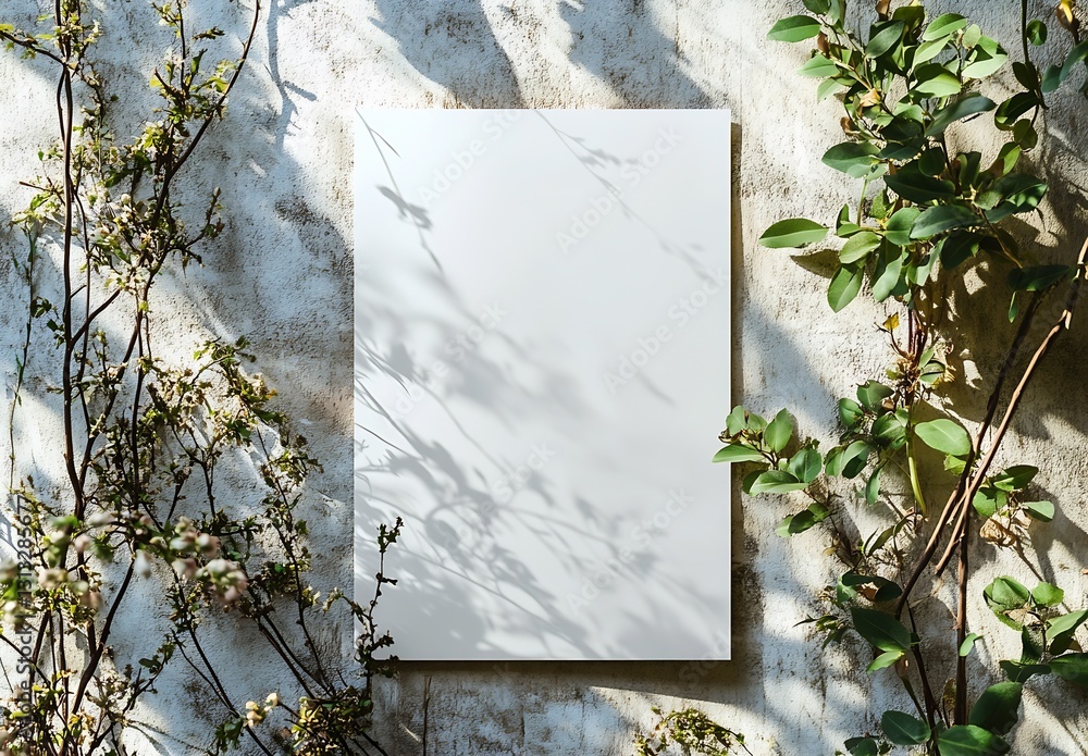 Poster Empty white canvas surrounded by shadows and green plants creating a serene natural atmosphere : Generative AI