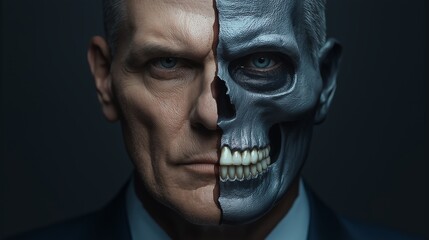 Obraz premium A thought-provoking image illustrating the duality of life and death, showcasing a man's face intricately half transformed into a skull, evoking themes of mortality and existence.