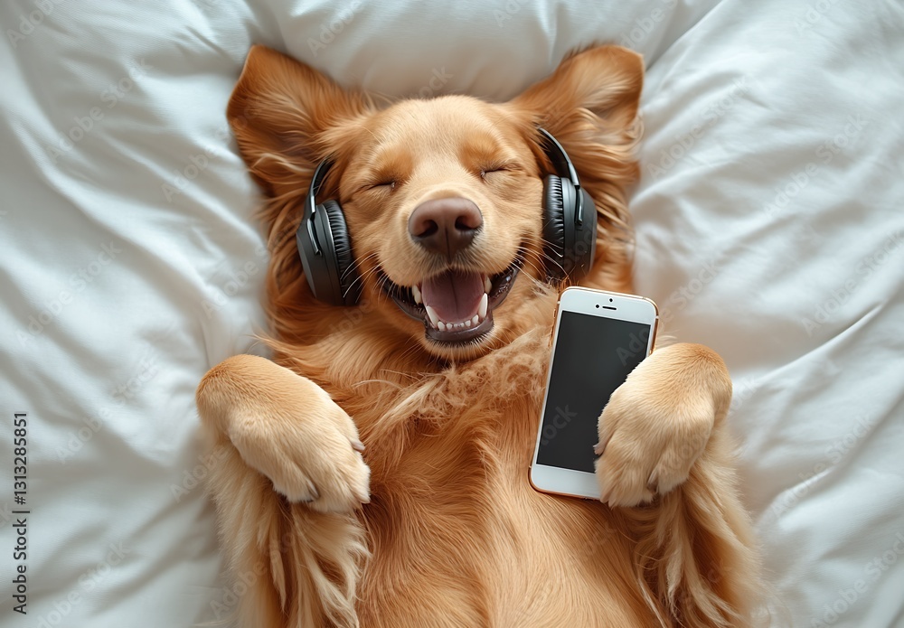 Poster cheerful golden retriever enjoying music while lying on a soft white bed with a smartphone : generat