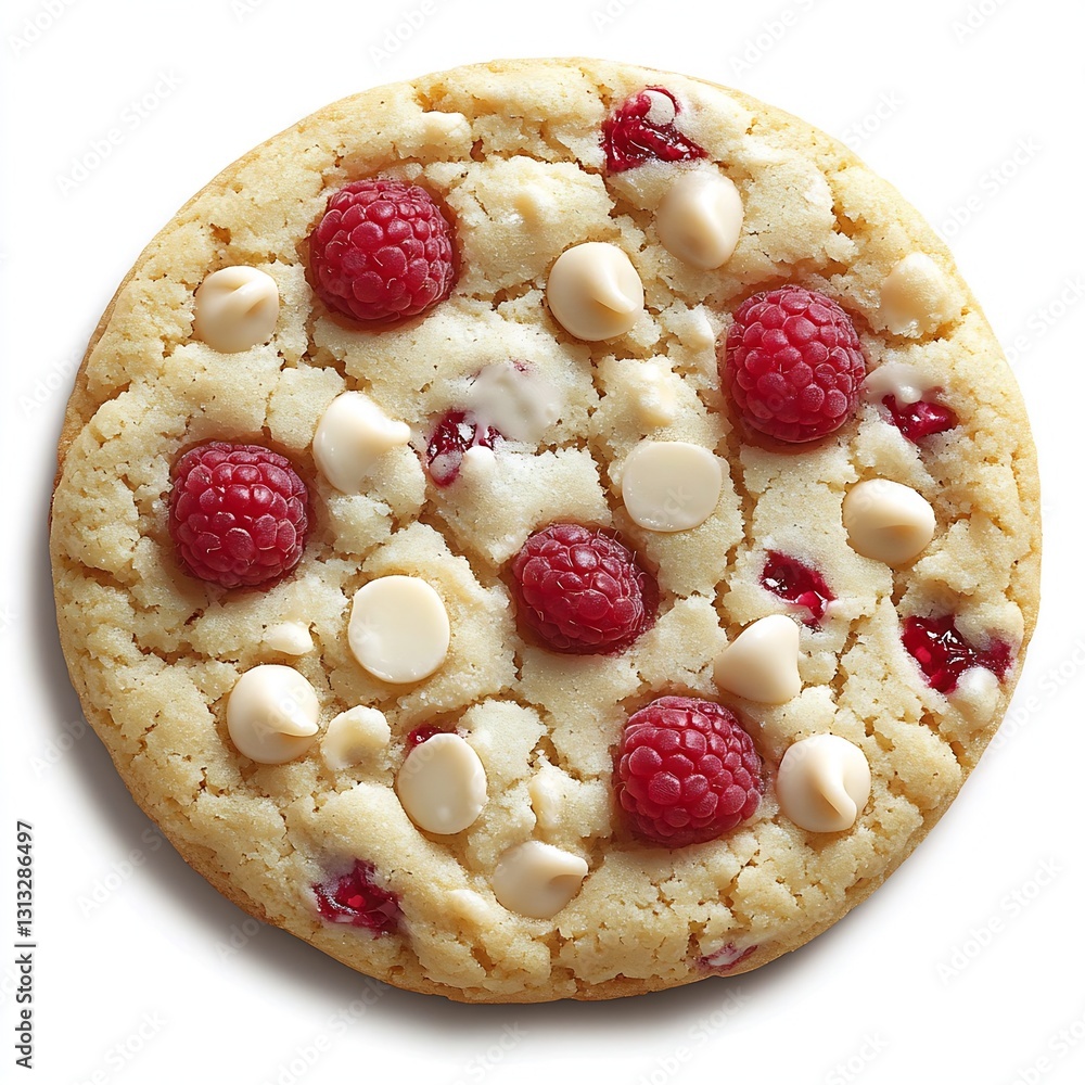 Poster delicious large cookie with raspberries and white chocolate chips on a bright background showcasing 