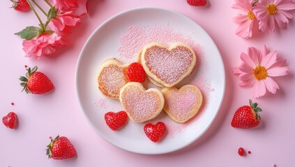 Heart-shaped pancakes, strawberries, flowers on pink background