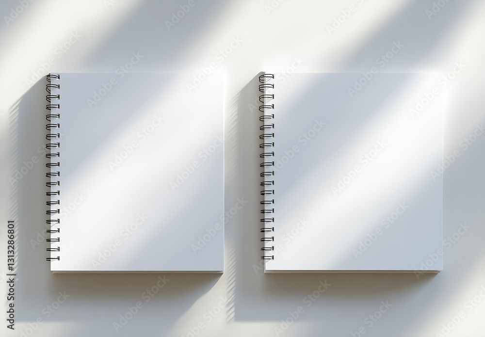 Poster Two identical blank spiral notebooks arranged on a surface with soft lighting for a clean aesthetic : Generative AI