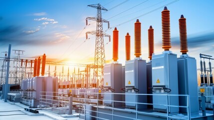 Electricity flowing through massive industrial transformers, glowing power station infrastructure, smart energy grid