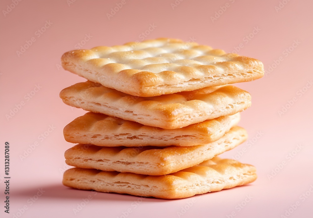 Aufkleber Stack of crispy light golden rectangular crackers on soft pink background for delightful visuals : Generative AI