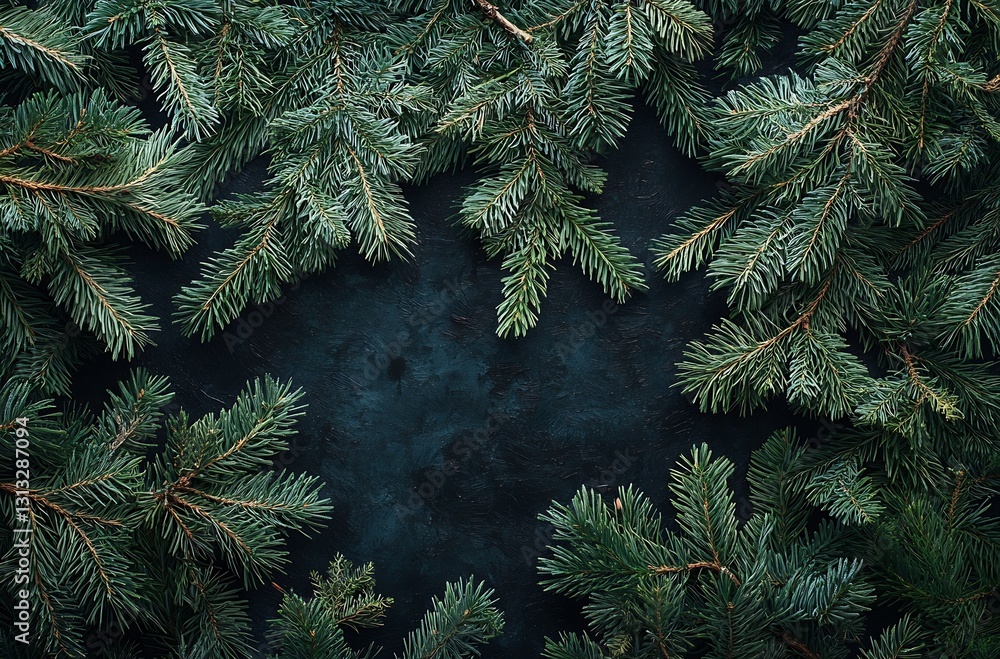 Aufkleber Fresh green pine branches arranged on a dark surface creating a lush frame with a feeling of nature indoors : Generative AI