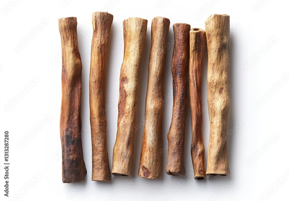 Poster collection of eight cinnamon sticks on a white surface showcasing natural color variations and textu
