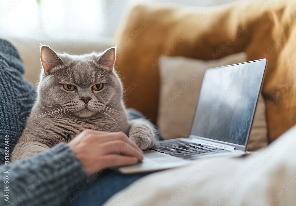 Poster a fluffy gray cat resting comfortably on a person's lap while they work on a laptop illustrating a p