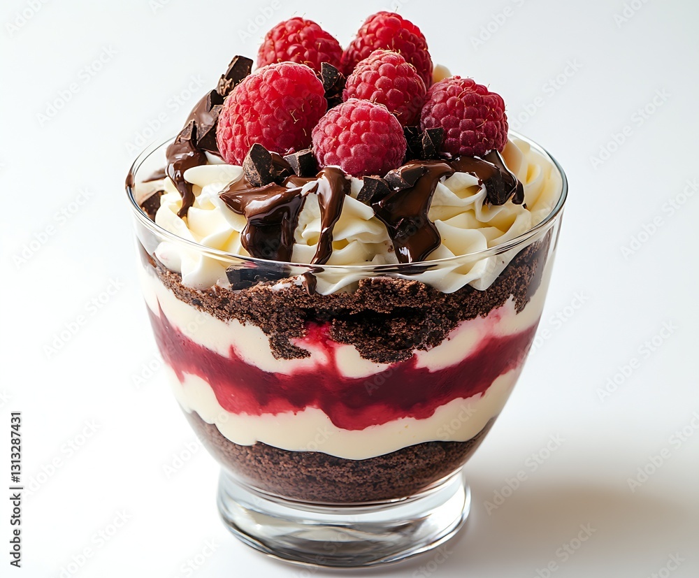 Poster decadent dessert layered with cream raspberries and chocolate topping in a glass : generative ai