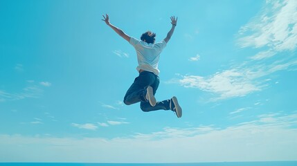 Obraz premium Person jumping joyfully in open sky.