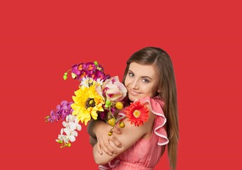 Fototapeta premium Young woman hold bouquet of beautiful flowers
