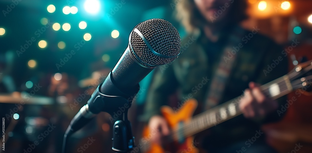 Poster Engaging CloseUp Of A Microphone With A Musician Playing Guitar In The Background Creating A Vibrant Atmosphere : Generative AI