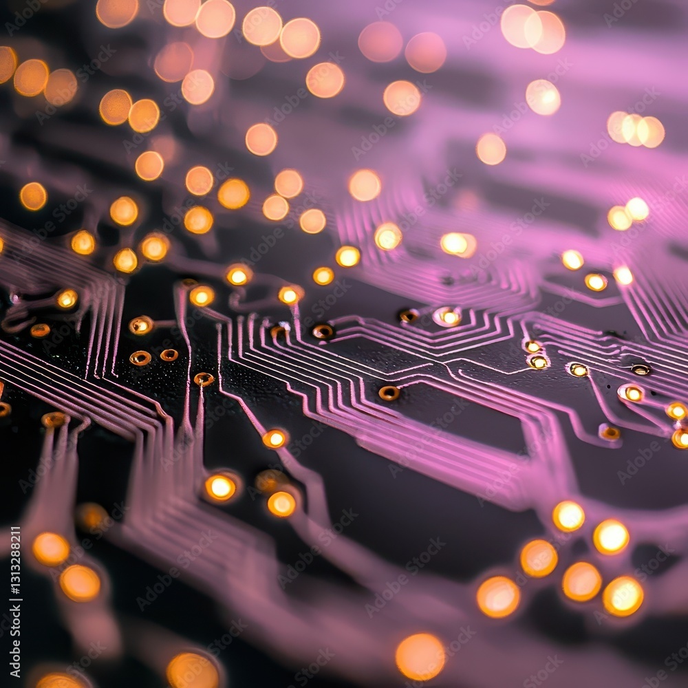 Poster abstract close-up of circuit board with glowing lights and lines