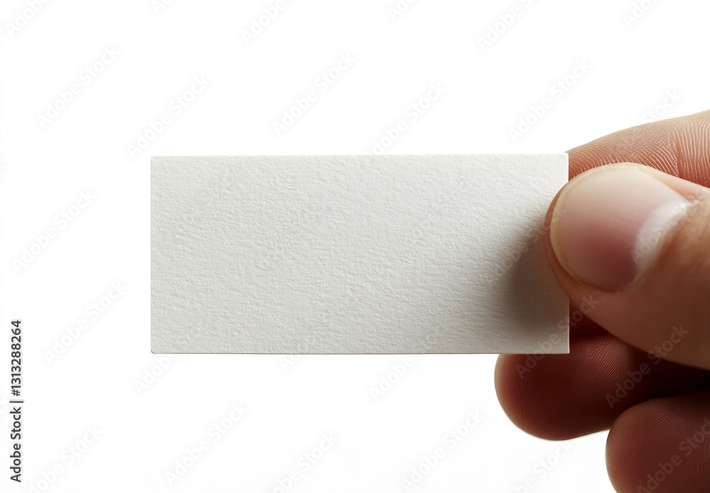 Poster close up of a person holding a small blank card for business or creative use in bright lighting : ge
